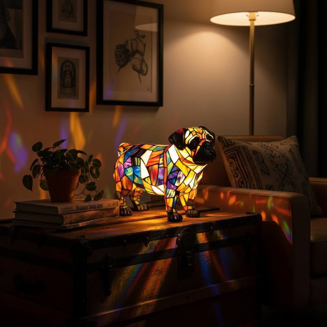 Pug Splendente – Lampada Artigianale in Vetro Colorato