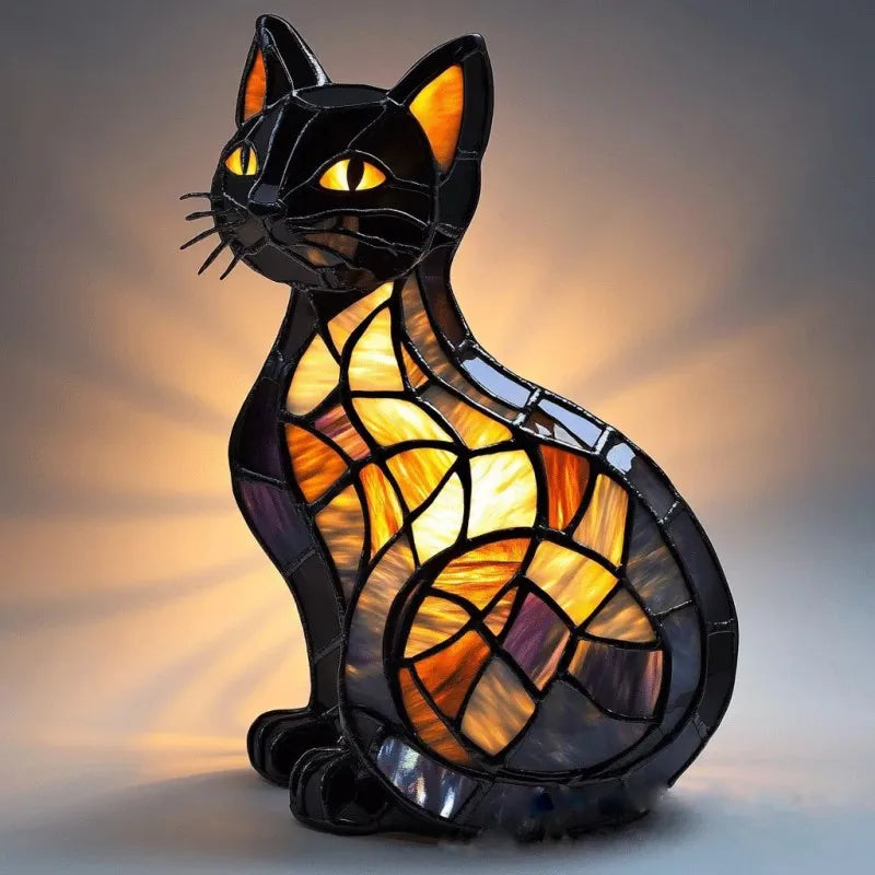 Gatto di Mezzanotte Splendente – Lampada Artigianale in Vetro Colorato