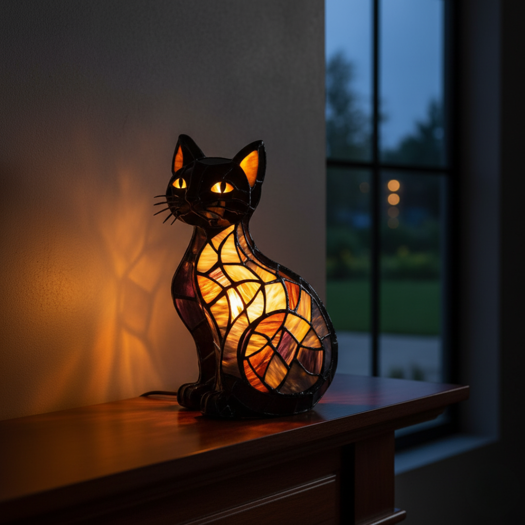 Gatto di Mezzanotte Splendente – Lampada Artigianale in Vetro Colorato