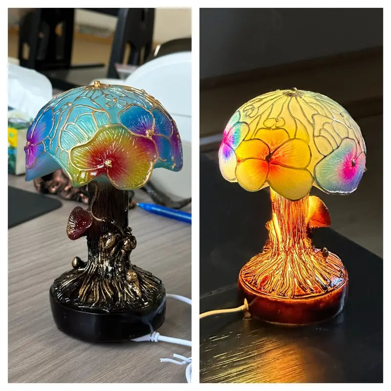 Fungo e Fiori Boho Chic – Lampada Artigianale in Vetro Colorato
